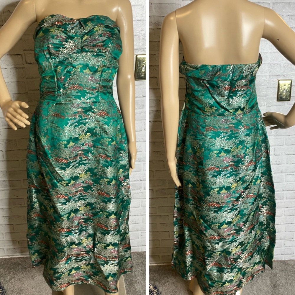 Vintage 1940’s style Chinese embossed strapless dress with capelet